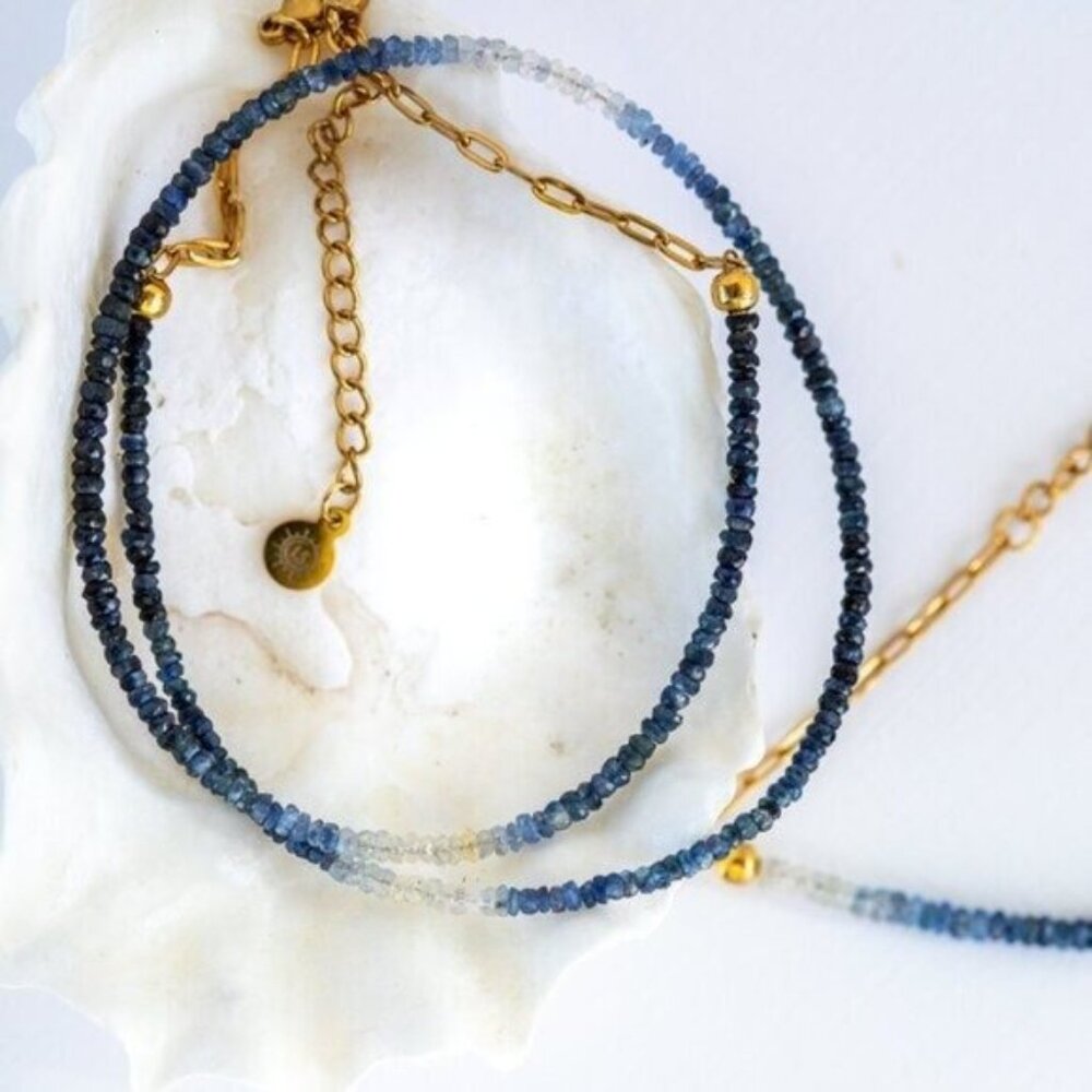 GORGEOUS Ombre Sapphire Necklace + Bracelet Set Waterproof Gold Genuine Gemstone - Picture 7 of 12